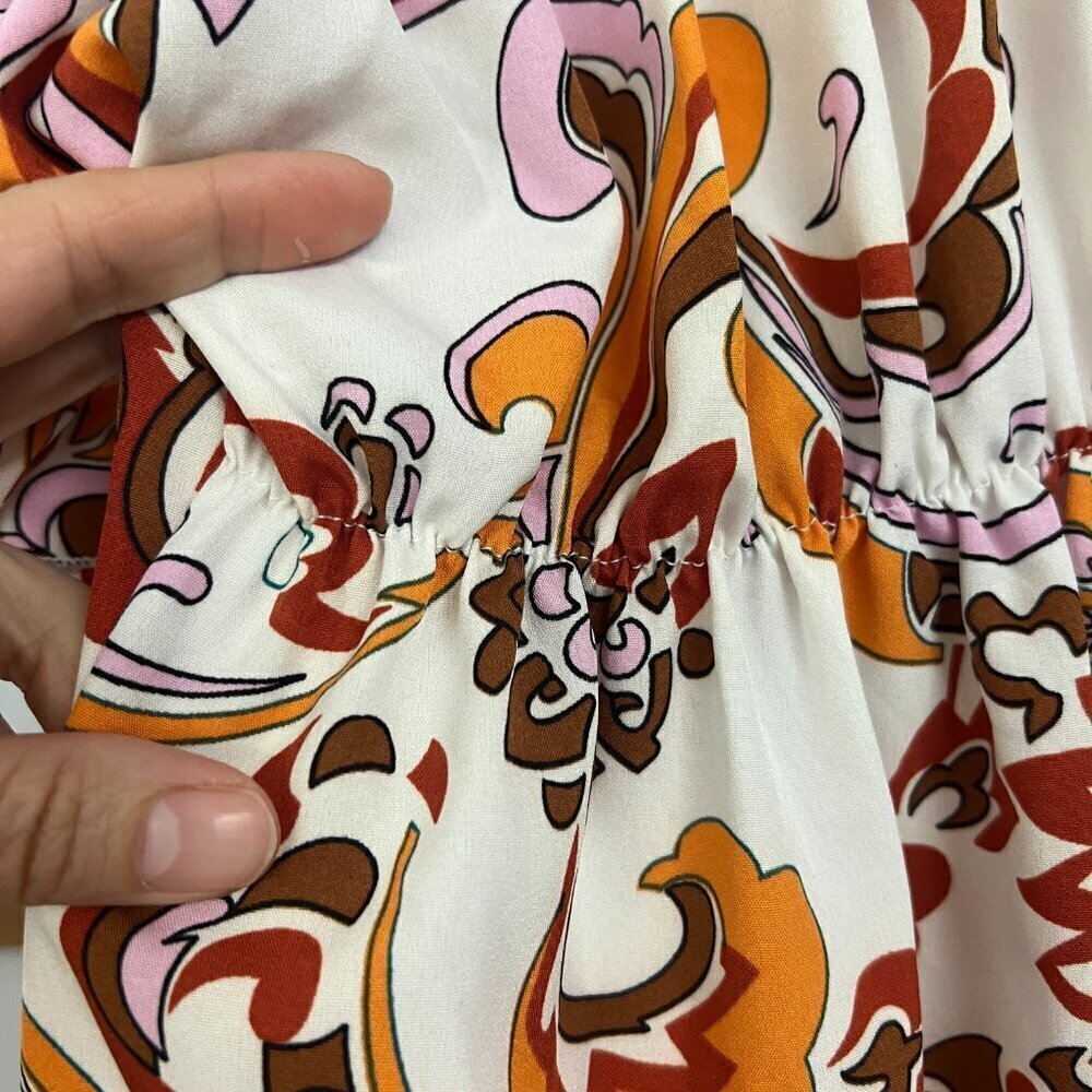 Boho Paisley Floral Ruffle Sleeve Empire Waist Mini Dress Orange Brown White S * - Picture 6 of 13